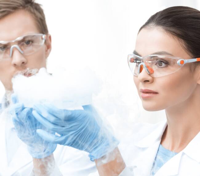 Young professional chemists in protective glasses making experiment with liquid nitrogen